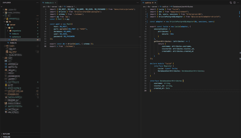 Visual Studio Code showing the auth.ts and db/index.ts files next to each other