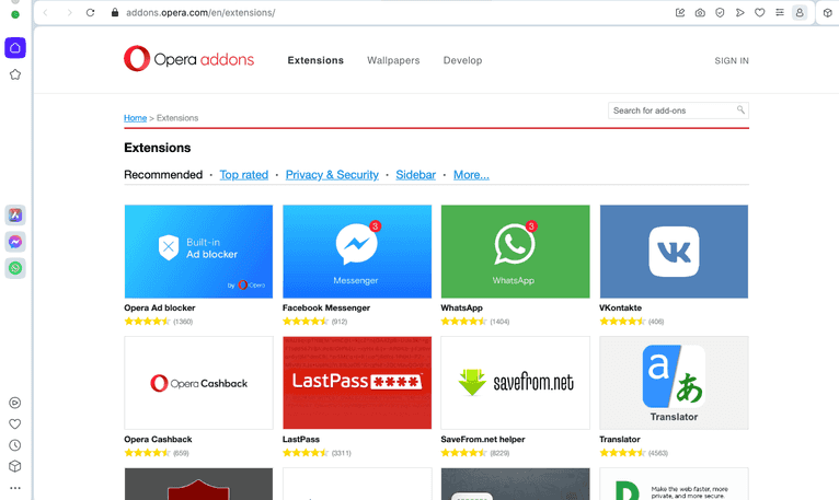 Opera add-ons store