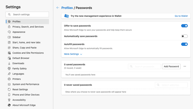 Microsoft Edge password management settings