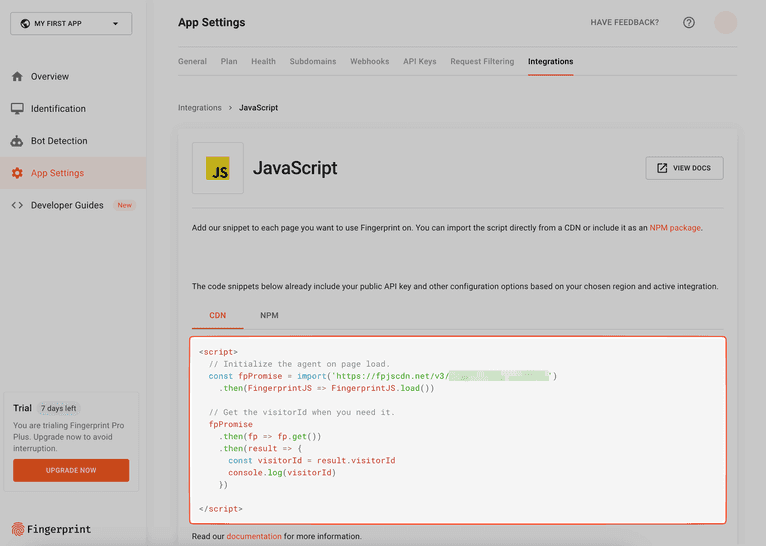 JavaScript snippet using Fingerprint