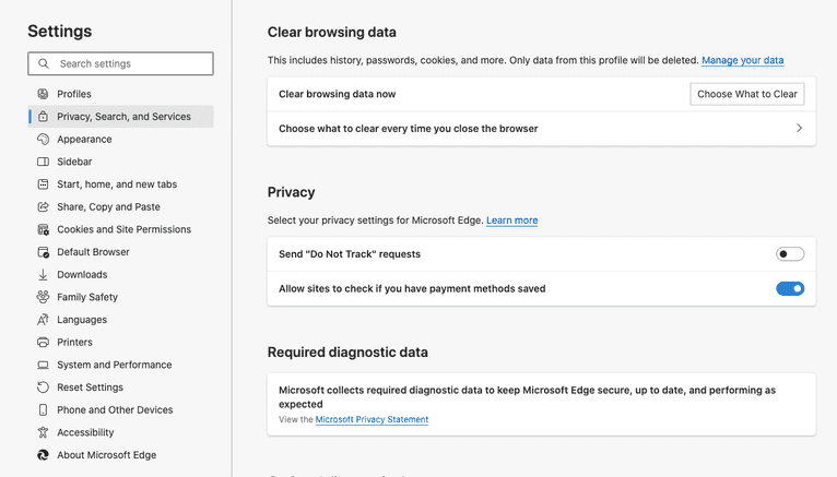 Microsoft Edge Clear browsing data