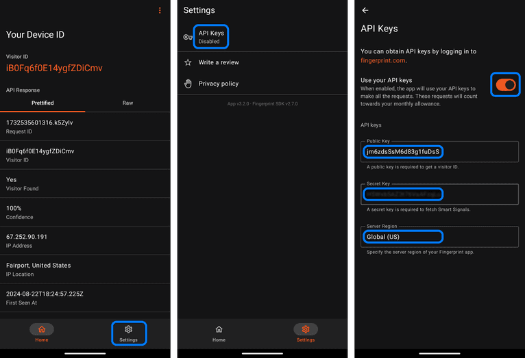 Screenshots on how to add API keys to Fingerprint Pro demo app