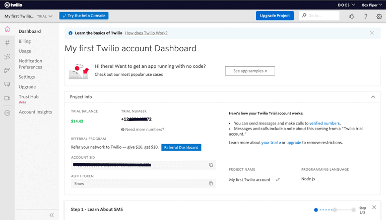 Twilio dashboard