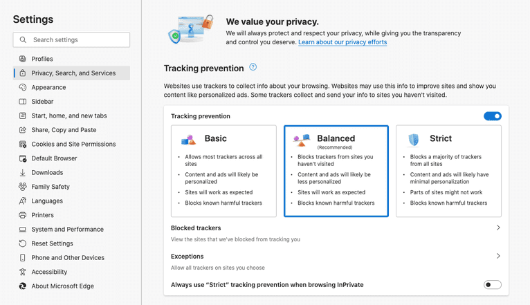 Microsoft Edge tracking prevention settings