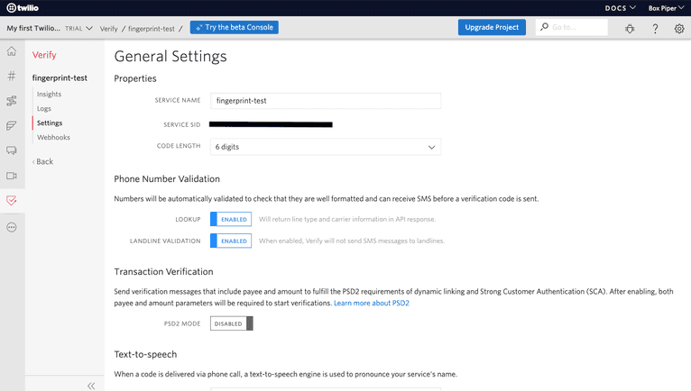 Twilio Verify General Settings